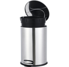 Poubelle à pédale en acier inoxydable avec seau intérieur amovible en plastique et couvercle ouvert.