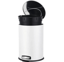 Poubelle à pédale avec seau intérieur amovible, couvercle en acier inoxydable ouvert et pédale.