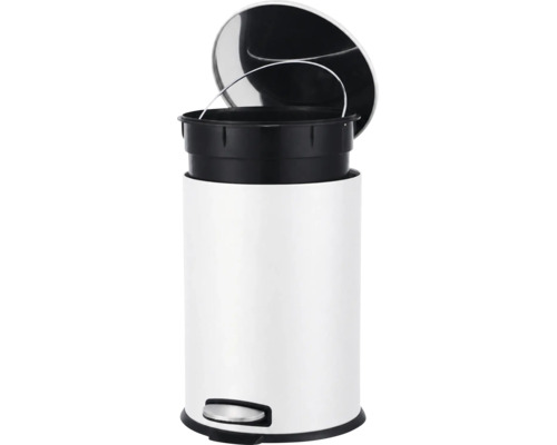 Poubelle à pédale avec seau intérieur amovible, couvercle en acier inoxydable ouvert et pédale.