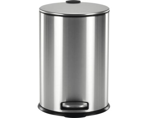 Poubelle à pédale ronde en acier inoxydable avec couvercle.