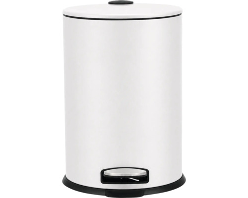 Poubelle à pédale blanche avec bouton de couvercle noir, idéale pour la salle de bain et la cuisine.