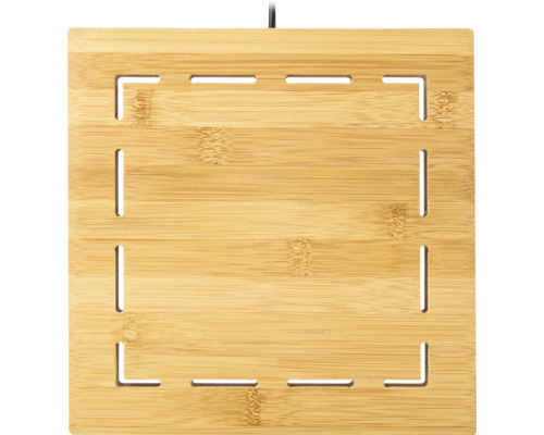 Quadratische Deckenleuchte aus hellem Holz mit rechteckigen Lichtschlitzen.