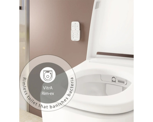 Set WC lavant VitrA V-Care Comfort avec cuvette à fond creux, sans bride, blanc brillant, avec revêtements VitrA Hygiene et VitrA Clean, avec abattant WC 5674B403-6196