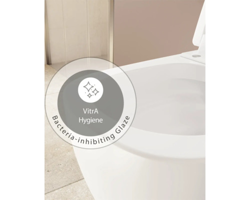Set WC lavant VitrA V-Care Comfort avec cuvette à fond creux, sans bride, blanc brillant, avec revêtements VitrA Hygiene et VitrA Clean, avec abattant WC 5674B403-6196