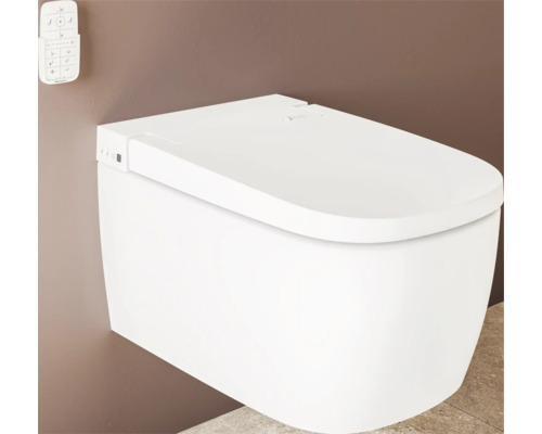 Set WC lavant VitrA V-Care Comfort avec cuvette à fond creux, sans bride, blanc brillant, avec revêtements VitrA Hygiene et VitrA Clean, avec abattant WC 5674B403-6196