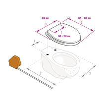 Maße für Toilettensitz und Becken: Breite 370 Millimeter, Länge 425 bis 475 Millimeter, Lochabstand 140 bis 190 Millimeter.