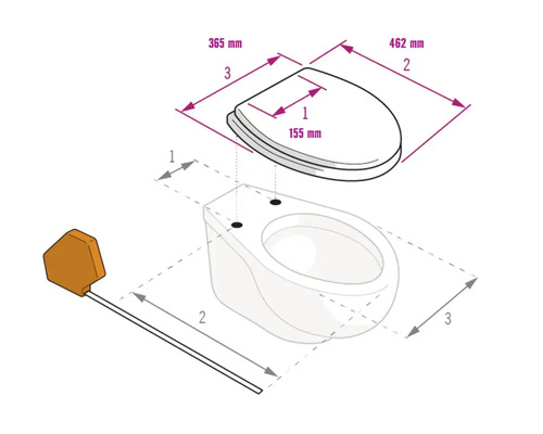 Maßskizze für einen WC-Sitz mit Scharnierabstand 155 Millimeter, Breite 365 Millimeter und Tiefe 462 Millimeter.