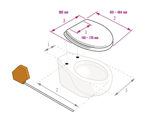 Schéma technique avec dimensions d'abattant et cuvette : largeur 385 millimètres, longueur 415 à 464 millimètres, entraxe 140 à 170 millimètres.