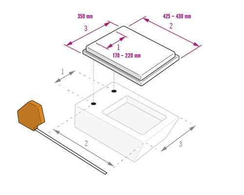 Schéma technique pour un abattant WC avec dimensions : entraxe 170 à 220 millimètres, longueur 425 à 430 millimètres, largeur 350 millimètres.