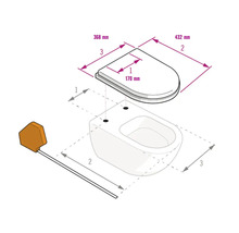 Croquis d'un abattant de WC et d'une toilette avec dimensions : largeur 368 millimètres, longueur 432 millimètres et entraxe 170 millimètres.