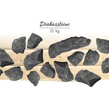 Diabas-Saunasteine an engem 12 Kilogramm Pak, verschidde Formen a Gréissten aus groeën Natursteen.