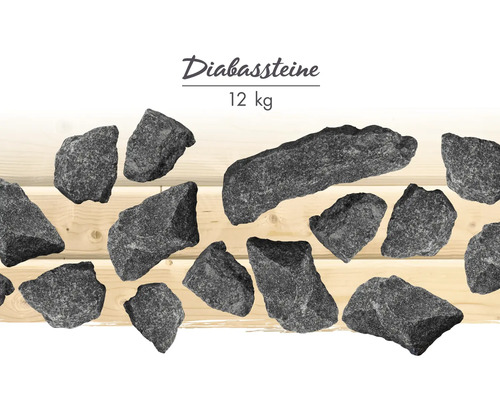 Diabas-Saunasteine an engem 12 Kilogramm Pak, verschidde Formen a Gréissten aus groeën Natursteen.