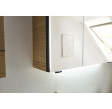 Spiegelschrank mit Holzkorpus, integrierter Beleuchtung und schwarzem Griff.