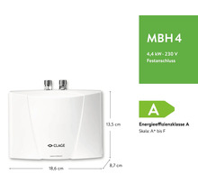 Petit chauffe-eau instantané Clage MBH 4, 4,4 kilowatts, 230 volts, classe énergétique A, dimensions: 18,6 sur 13,5 sur 8,7 centimètres.