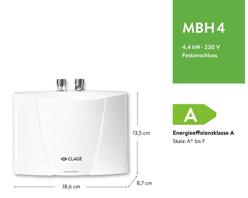 Petit chauffe-eau instantané Clage MBH 4, 4,4 kilowatts, 230 volts, classe énergétique A, dimensions: 18,6 sur 13,5 sur 8,7 centimètres.