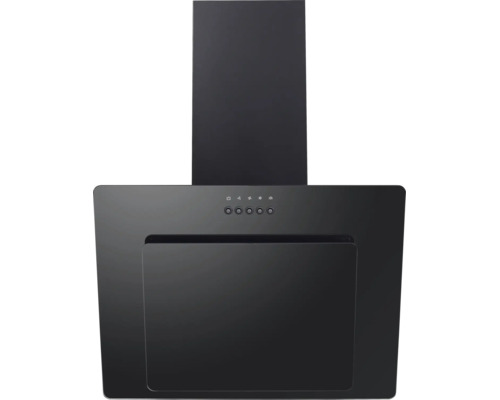 Kopffreie Wandhaube in Schwarz mit Kamin und Drucktasten-Bedienung.