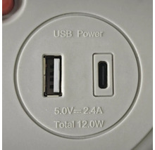 Prise d'alimentation USB avec ports USB type A et USB type C, 5,0 Volts, 2,4 Ampères, total 12,0 Watts.