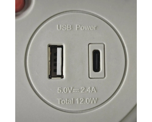 Prise d'alimentation USB avec ports USB type A et USB type C, 5,0 Volts, 2,4 Ampères, total 12,0 Watts.