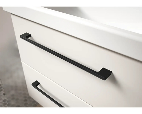 Vue détaillée d'un meuble sous-lavabo blanc avec deux tiroirs et des poignées en métal noir.