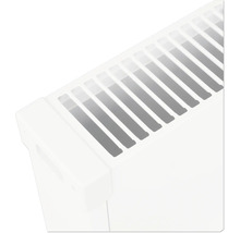 Vue détaillée de la grille supérieure et de la paroi latérale d'un radiateur panneau blanc.