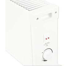 Convecteur blanc avec deux interrupteurs pour 750 Watt et 1250 Watt et un bouton de thermostat réglable.