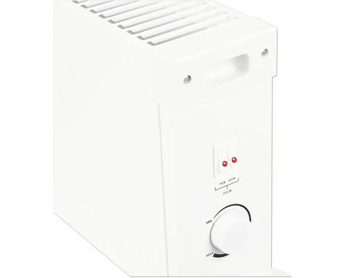 Convecteur blanc avec deux interrupteurs pour 750 Watt et 1250 Watt et un bouton de thermostat réglable.