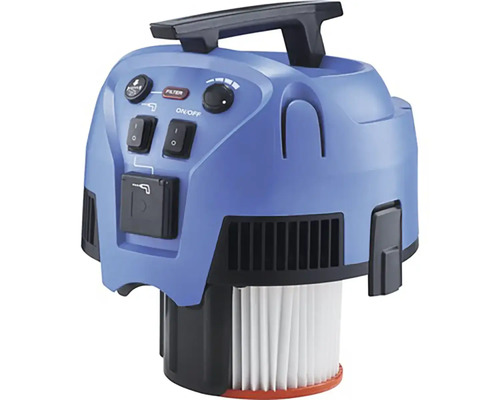 Tête de moteur d'un aspirateur eau et poussière avec poignée, éléments de commande, prise et filtre plissé.