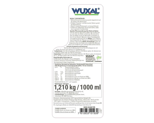 Étiquette arrière d'engrais pour roses Wuxal avec Wuxal Logo, conseils d'utilisation, composition des nutriments et quantité de 1000 millilitres.