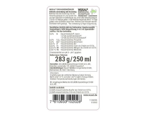 Étiquette d'engrais pour orchidées Wuxal avec dosage, ingrédients, complexe minéral et contenance de 250 millilitres.