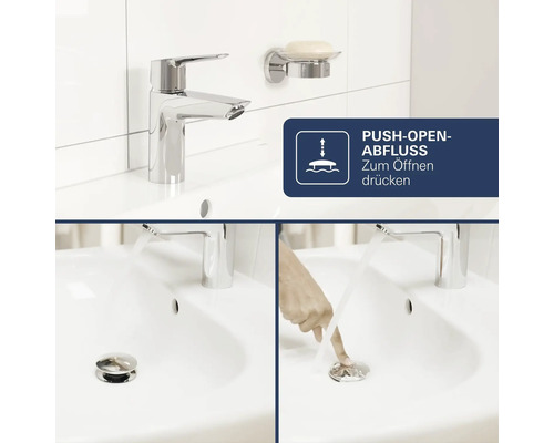 Mitigeur de lavabo avec garniture de vidage push-open sur un lavabo.