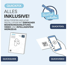 Kit complet Grohe QuickFix comprenant l'outil de montage QuickTool, le manuel QuickGuide et la vidéo d'installation QuickVideo.