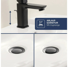 Mitigeur de lavabo noir avec garniture de vidage à tirette, illustré en position ouverte et fermée sur le lavabo.