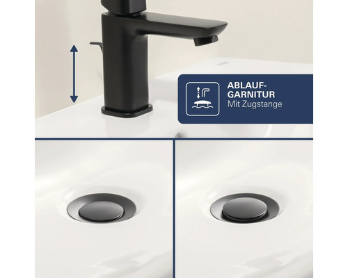Mitigeur de lavabo noir avec garniture de vidage à tirette, illustré en position ouverte et fermée sur le lavabo.