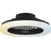 Ventilateur de plafond moderne avec anneau lumineux à LED intégré et boîtier noir.