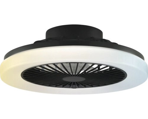 Ventilateur de plafond moderne avec anneau lumineux à LED intégré et boîtier noir.