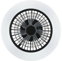 Ventilateur de plafond moderne avec éclairage LED, vue de dessous avec pales derrière une grille et anneau lumineux.