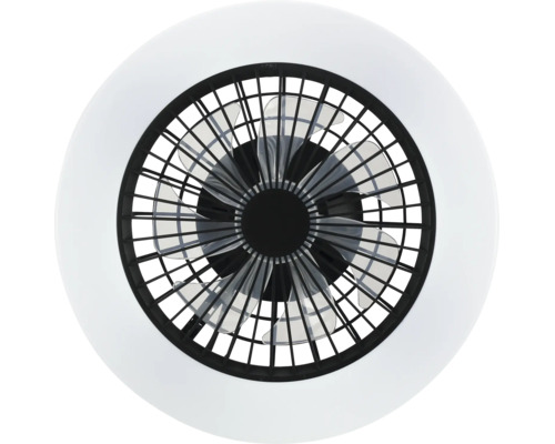 Ventilateur de plafond moderne avec éclairage LED, vue de dessous avec pales derrière une grille et anneau lumineux.