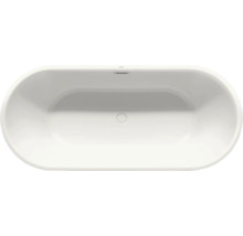 Ovale Badewanne an der Draufsicht mat mëttelstem Oflaf an Iwwerlaf.