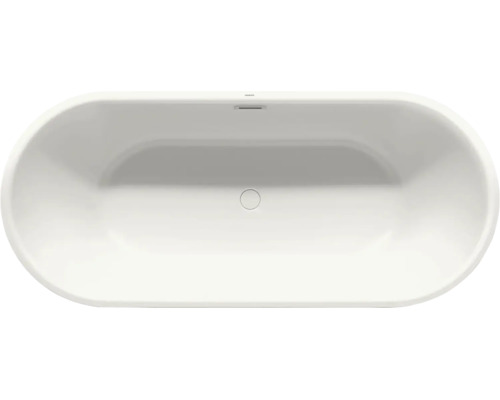 Ovale Badewanne an der Draufsicht mat mëttelstem Oflaf an Iwwerlaf.