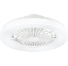 Ventilateur de plafond rond blanc avec anneau lumineux LED intégré et grille de protection.