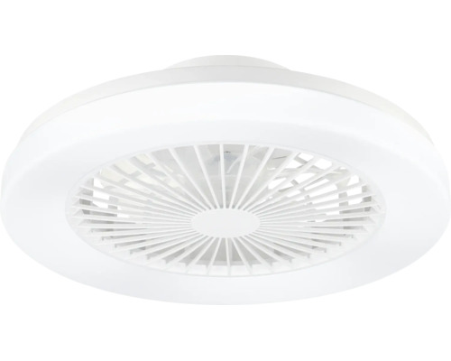 Ventilateur de plafond rond blanc avec anneau lumineux LED intégré et grille de protection.