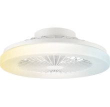 Ventilateur de plafond rond blanc avec anneau lumineux intégré et température de couleur réglable.