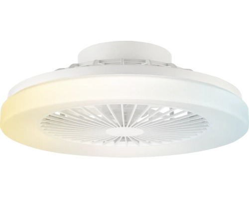 Ventilateur de plafond rond blanc avec anneau lumineux intégré et température de couleur réglable.