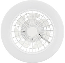 Ventilateur de plafond rond avec luminaire intégré et grille à lamelles.