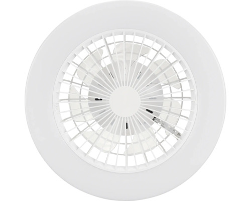 Ventilateur de plafond rond avec luminaire intégré et grille à lamelles.