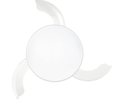 Ventilateur de plafond avec luminaire intégré et trois pales incurvées.
