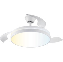Ventilateur de plafond rond avec luminaire LED intégré et pales rétractables, blanc.