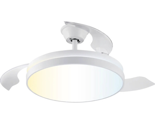 Ventilateur de plafond rond avec luminaire LED intégré et pales rétractables, blanc.