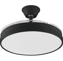 Ventilateur de plafond moderne avec éclairage LED intégré, boîtier noir, diffuseur blanc et pales en plastique escamotables.