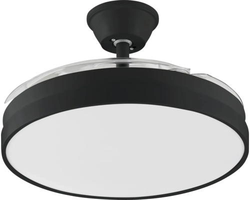 Ventilateur de plafond moderne avec éclairage LED intégré, boîtier noir, diffuseur blanc et pales en plastique escamotables.